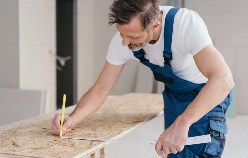 Características da construção com wood frame | Foto de um construtor fazendo ajustes em uma placa de OSB | Método construtivo | Blog Alea